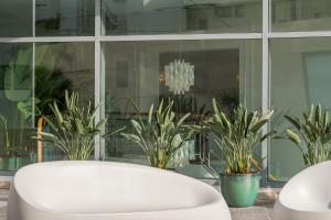 a white chair sitting in front of some plants at Sesimbra Oceanfront Hotel - Preferred Hotels and Resorts in Sesimbra