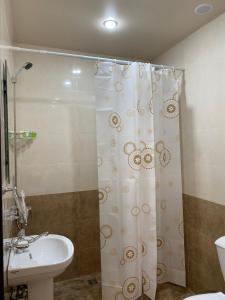 a bathroom with a shower curtain and a sink at Gyumrva Tun in Gyumri