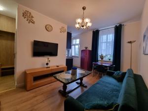 een woonkamer met een bank en een tv bij Apartamenty Firfas 6 in Bydgoszcz