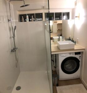 een badkamer met een douche en een wasmachine bij Aan 't Bos met sauna in Oudenaarde