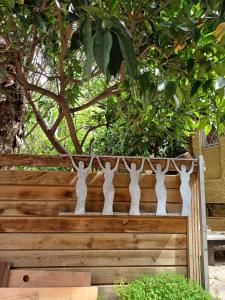 a wooden fence with a tree in the background at Romeo suite in Haifa