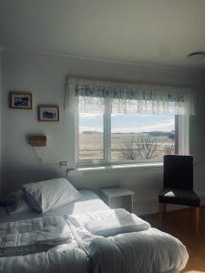 a bedroom with a bed and a window with a chair at Vagnsstadir in Borgarhöfn