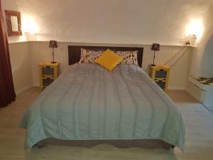 een slaapkamer met een groot bed met een geel kussen bij Maison Jules Goux in Mirmande