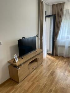 TV de pantalla plana en la parte superior de un centro de entretenimiento de madera en Apartment Nikolic, en Zlatibor