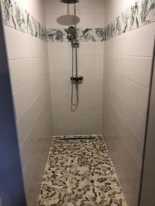 a bathroom with a shower with a tile floor at Le Petit Paradis de Marcelise in Le Ponchel