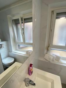 un bagno bianco con lavandino e specchio di La Petite Auberge de Strasbourg a Strasburgo