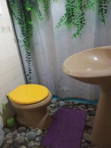 a bathroom with a yellow toilet and a sink at Eka Hotel in Nueva Palmira