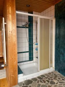 a shower with a glass door in a bathroom at Farben Haus in Kail
