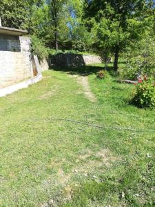 une cour avec un tuyau posé dans l'herbe dans l'établissement Appartamento Mërqi, à Lezhë