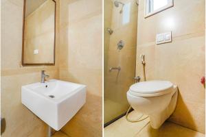 two pictures of a bathroom with a toilet and a sink at FabExpress Le Aham Boutique in Puducherry