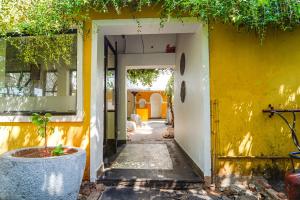 an open door to a yellow building with a plant at FabExpress Le Aham Boutique in Puducherry