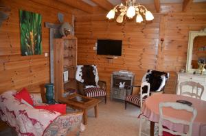 una sala de estar de una cabaña de madera con TV en Le Domaine De Clo, en Cognet
