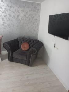 SorinaApartament1 في تارجو نيمت: أريكة سوداء في غرفة مع تلفزيون بشاشة مسطحة