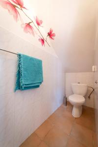a bathroom with a toilet and a green towel at Hillside Home in Platres in Platres