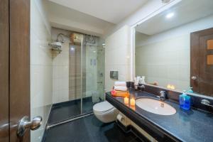 uma casa de banho com um lavatório, um WC e um chuveiro em The Lime Stays Greater Kailash Metro nearby Saket Select City em Nova Deli