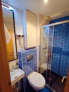 a bathroom with a toilet and a sink and a shower at Vivienda Novo Betanzos in Betanzos