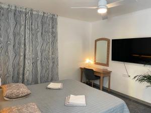 - une chambre avec un lit, un bureau et une télévision dans l'établissement Ocean breeze villamaracuya, à Santa Cruz de Tenerife