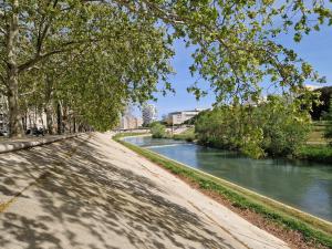 une rue à côté d'une rivière arborée et d'une route dans l'établissement Appartement avec vue sur le lez, à Montpellier
