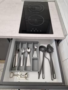 巴尼亚科维利亚查Apartman Despot的厨房水槽配有炉灶和餐具