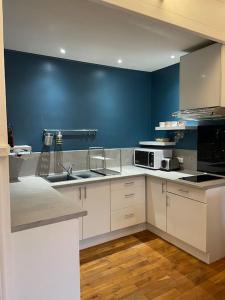 kuchnia z białymi szafkami i niebieską ścianą w obiekcie R'Apparts T2 Le Chaleureux - Hypercentre - Gare w Grenoble