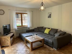 a living room with a couch and a tv at Ferienwohnung Rappl in Schleching