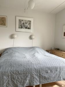 1 dormitorio con 1 cama con manta gris en ApartmentInCopenhagen Apartment 1601, en Copenhague