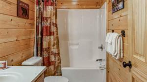 Un baño con inodoro, ducha y lavabo. en Magic Mountain Cabin W Fire Pit & Views Beyond, en Sevierville 31 fotos más