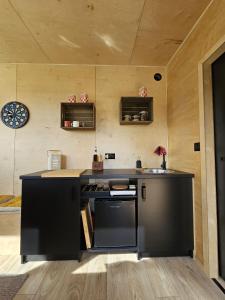 a kitchen with a stove and a sink at Tiny House au milieu des Vignes in Arbis