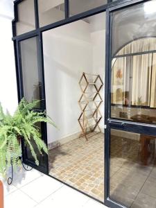 a room with a glass door with a potted plant at La casa de Pochita in Tarapoto