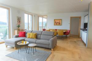 ein Wohnzimmer mit einem Sofa und einem Tisch in der Unterkunft N24 Apartments in Tuttlingen