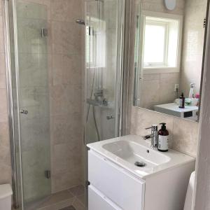 a bathroom with a shower and a sink at Store Ringheim Apartment - Villa Hjadlane in Vossevangen +26 photos