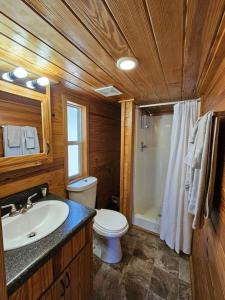 La salle de bains est pourvue de toilettes, d'un lavabo et d'une douche. dans l'établissement Wheeler Lake Sunset Retreat 1, à Hillsboro