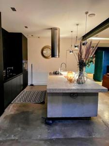 a kitchen with a counter with a vase of flowers at Remarkable 7-Bed House in London in London