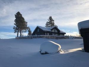 a house covered in snow in front of a yard at New and cozy family cabin on Golsfjellet in Golsfjellet