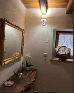 een badkamer met een spiegel en een wastafel bij B&B Il Gufo in Erto