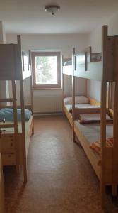 a bedroom with two bunk beds and a window at Črnuški dom na Mali planini in Krivčevo
