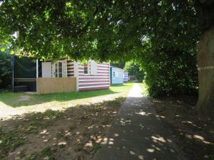 um caminho que leva a uma casa com uma árvore em Ferienbungalows Freest em Freest