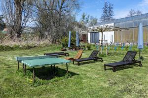 three chairs and a ping pong table in a yard at Ferienwohnungen Martin Lafar in Öhningen