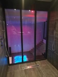 Zimmer mit Dusche und Poolblick in der Unterkunft magnifique loft avec jacuzzi et sauna privatif in Ferrière-la-Grande