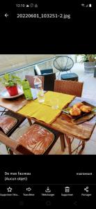 een houten tafel met twee borden eten erop bij Anemones in Castelnau-le-Lez