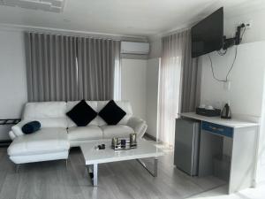 Le Rubis Guesthouse في Van Riebeekhoogte: غرفة معيشة مع أريكة بيضاء وتلفزيون