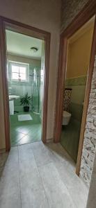 a bathroom with a shower and a glass door at Apartmá Kanada in Štramberk