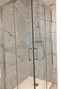La salle de bains est pourvue d'une douche avec une porte en verre. dans l'établissement Hotel Cresp, à Nice