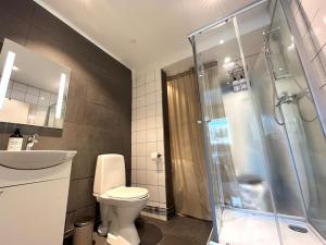 La salle de bains est pourvue de toilettes, d'une douche et d'un lavabo. dans l'établissement Elegant house, Stockholm, à Stockholm