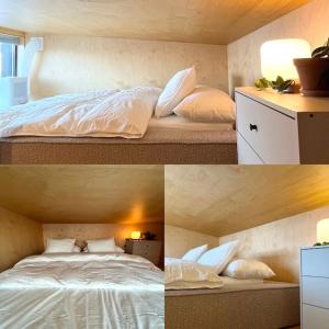 three different pictures of a bed in a room at Elegant house, Stockholm in Stockholm