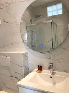 La salle de bains est pourvue d'un lavabo et d'un miroir. dans l'établissement Hotel Cresp, à Nice
