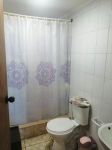 Ett badrum på cabañas casona hanga roa