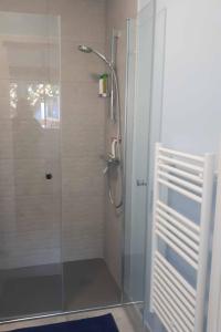 La salle de bains est pourvue d'une douche avec une porte en verre. dans l'établissement L'Atelier, à Dijon