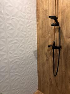 a shower in a bathroom with a shower head at Apartament Teresa in Nysa