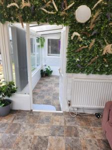 CHERRYTREE COTTAGE @ LOMOND في هورنسي: غرفة حديقة مع باب مفتوح مع جدار أخضر